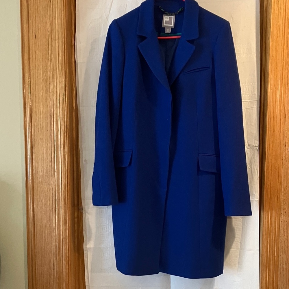 JCP Women’s Royal Blue Sz 12 Button Down 80% Wool  20% Nylon Long Dressy Coat